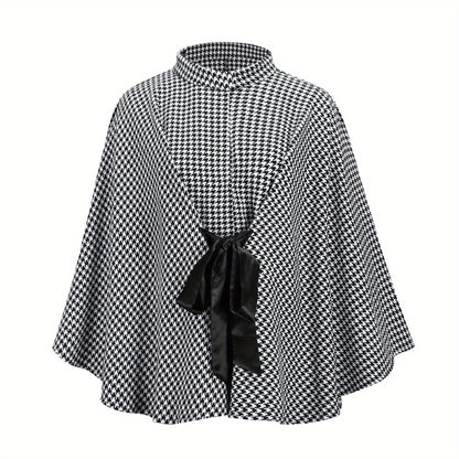 Antmvs Houndstooth Print Cape Top, Casual Tie Front Loose Outerwear, Women's Clothing