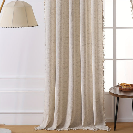 1PC Luxurious Solid Khaki Rod Pocket Curtain with Exquisite Tassel Trim - Bohemian Chic Decor for Living Room, Office, and Home - Easy to Hang, Durable, and Dust-Repellent