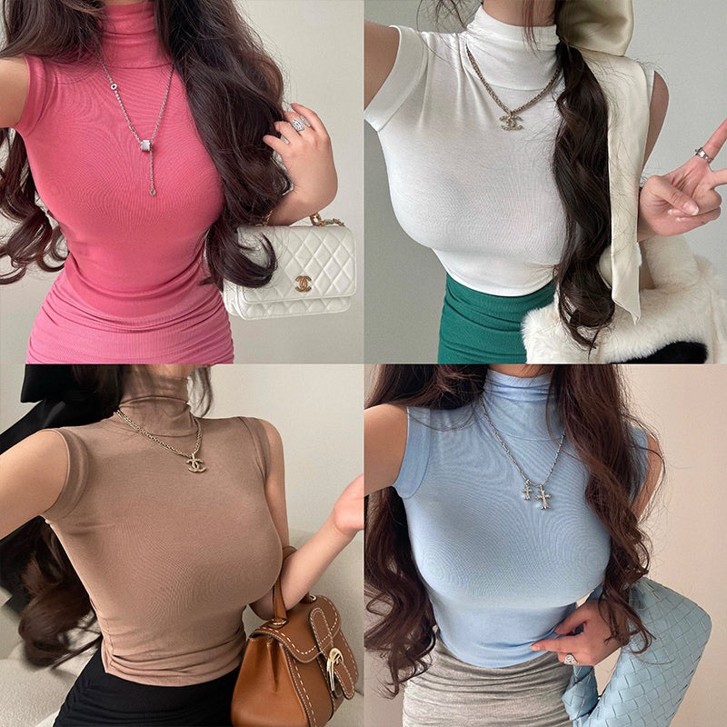 Antmvs Salia Solid Color Turtleneck Short Sleeve Slim Top