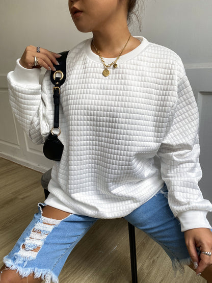 Antmvs 2 Pack Plus Size Casual Sweatshirt, Women's Plus Solid Waffle Pattern Long Sleeve Round Neck Sweatshirt 2 Pcs Set