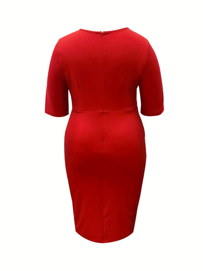 Antmvs Plus Size Elegant Dress, Women's Plus Solid Ruched Front Half Sleeve Round Neck Medium Stretch Bodycon Midi Dress