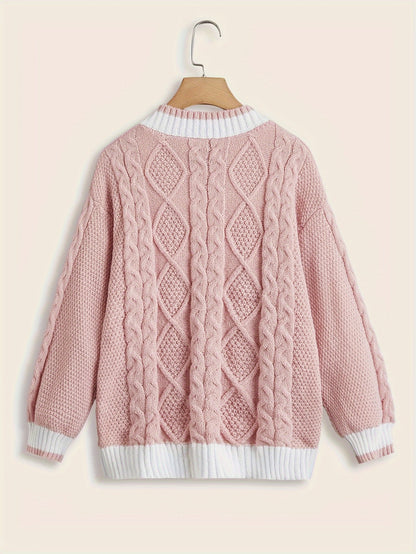 Antmvs Contrast Trin V Neck Cable Knit Sweater, Casual Long Sleeve Loose Pullover Sweater, Women's Clothing