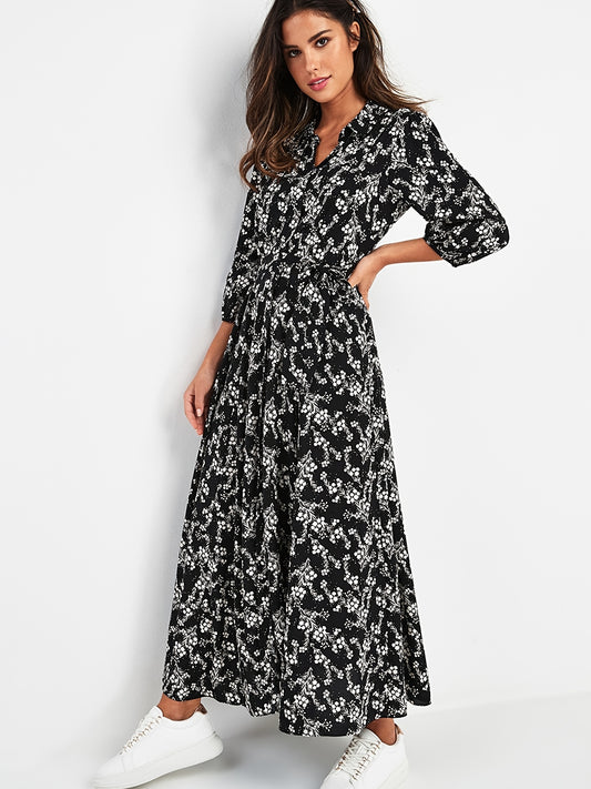 Antmvs Floral Print Ankle Dress, Button Down Long Sleeve Dress, Casual Every Day Dress, Women's Clothing