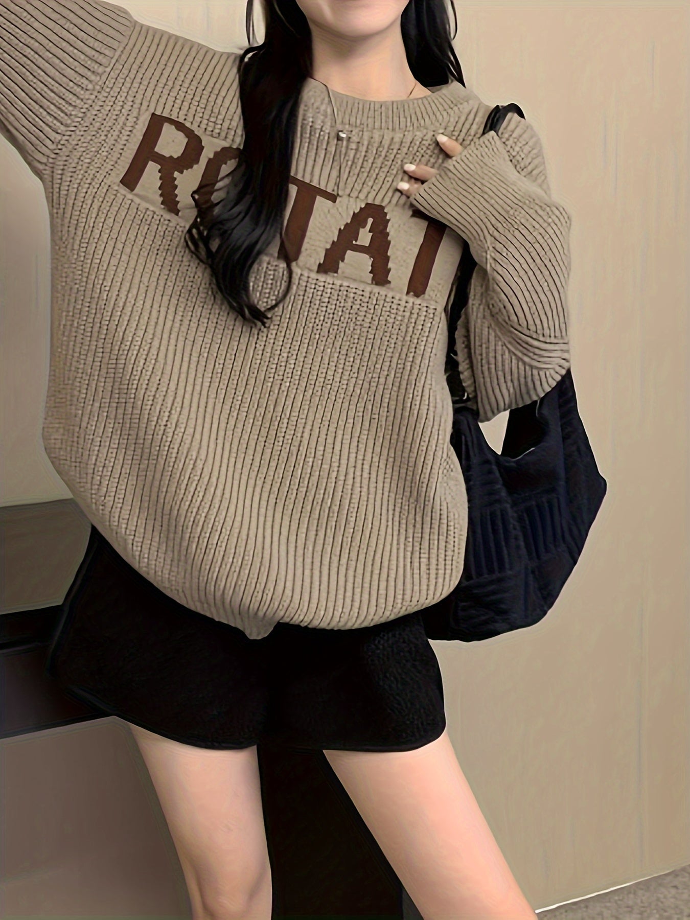 Antmvs Letter Pattern Crew Neck Pullover Sweater, Casual Long Sleeve Drop Shoulder Sweater, Women's Clothing