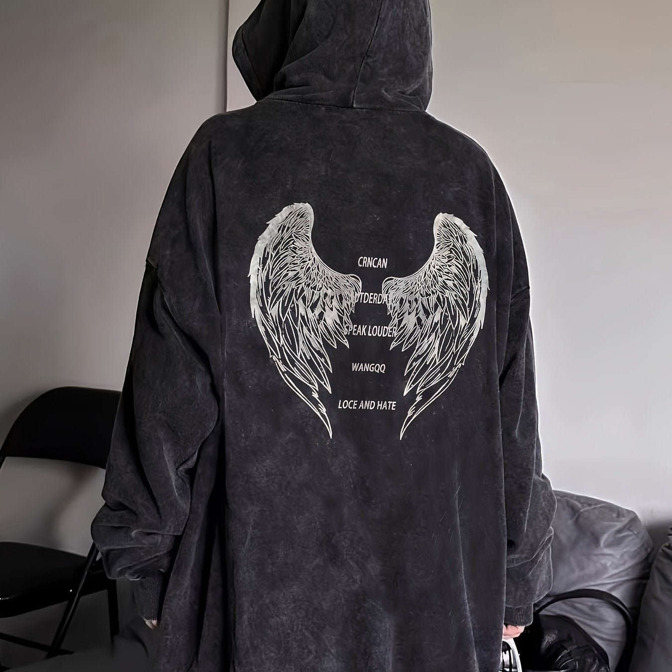 Antmvs Angel Wings & Letter Print Pullover Hoodie, Casual Long Sleeve Kangaroo Pocket Hoodie Sweatshirt, Women's Clothing