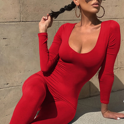 Antmvs Solid Crew Neck Long Sleeve Bodycon Jumpsuit, Sports Yoga Skinny Long Length Seamless Jumpsuit, Women's Clothing