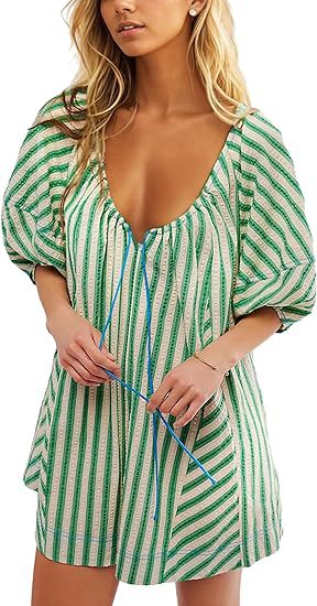 Antmvs -  Womens Striped Romper Casual Loose Puff Sleeve Wide Leg Jumpsuit Overall with Pockets