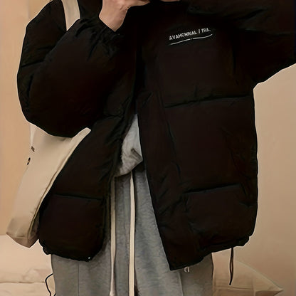 Antmvs Zip Up Letter Print Puffy Coat, Long Sleeve Slant Pockets Outwear For Winter, Women's Clothing