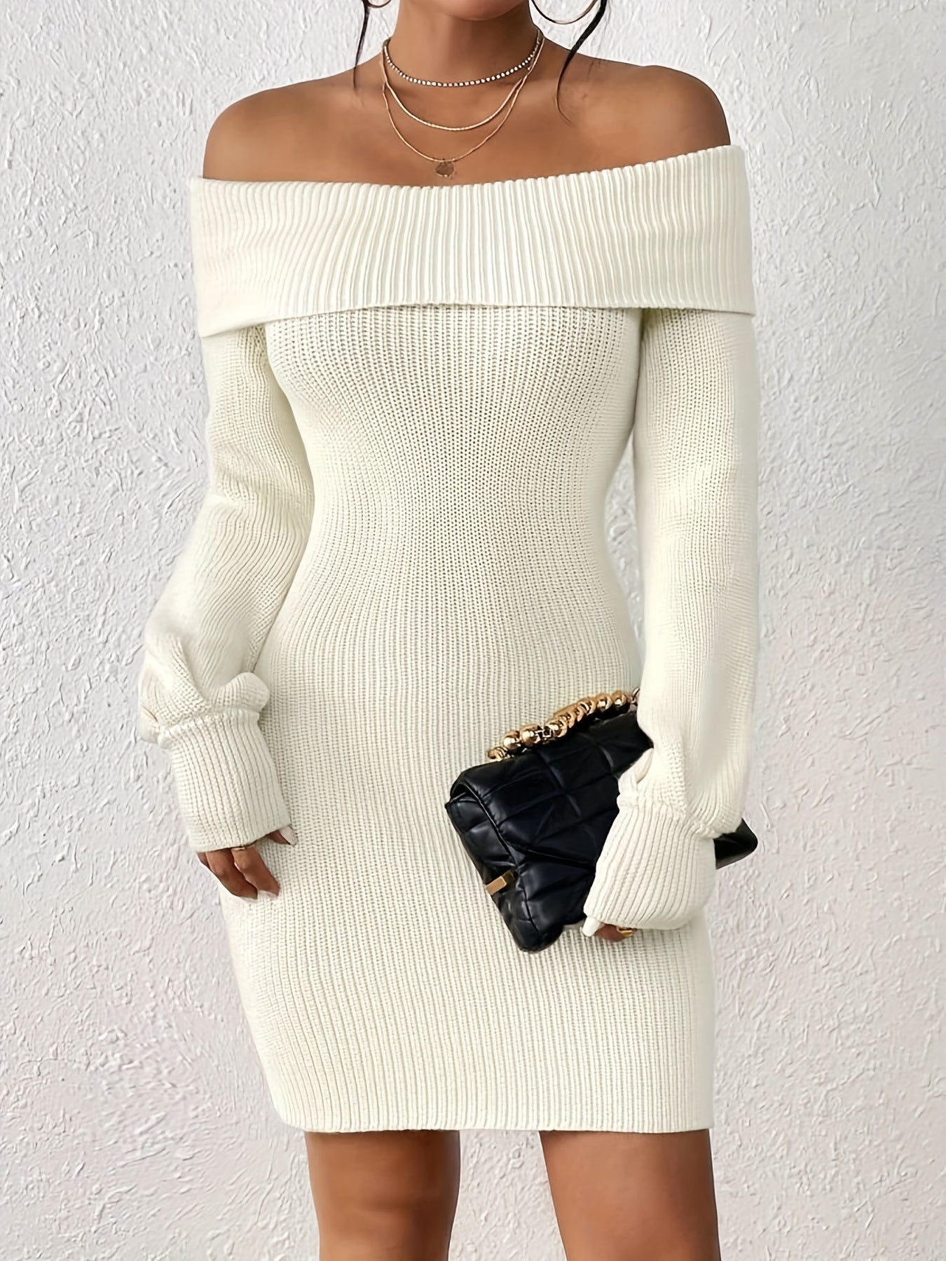 Antmvs Solid Off-shoulder Knit Dress, Elegant Long Sleeve Dress For Fall & Winter, Women's Clothing