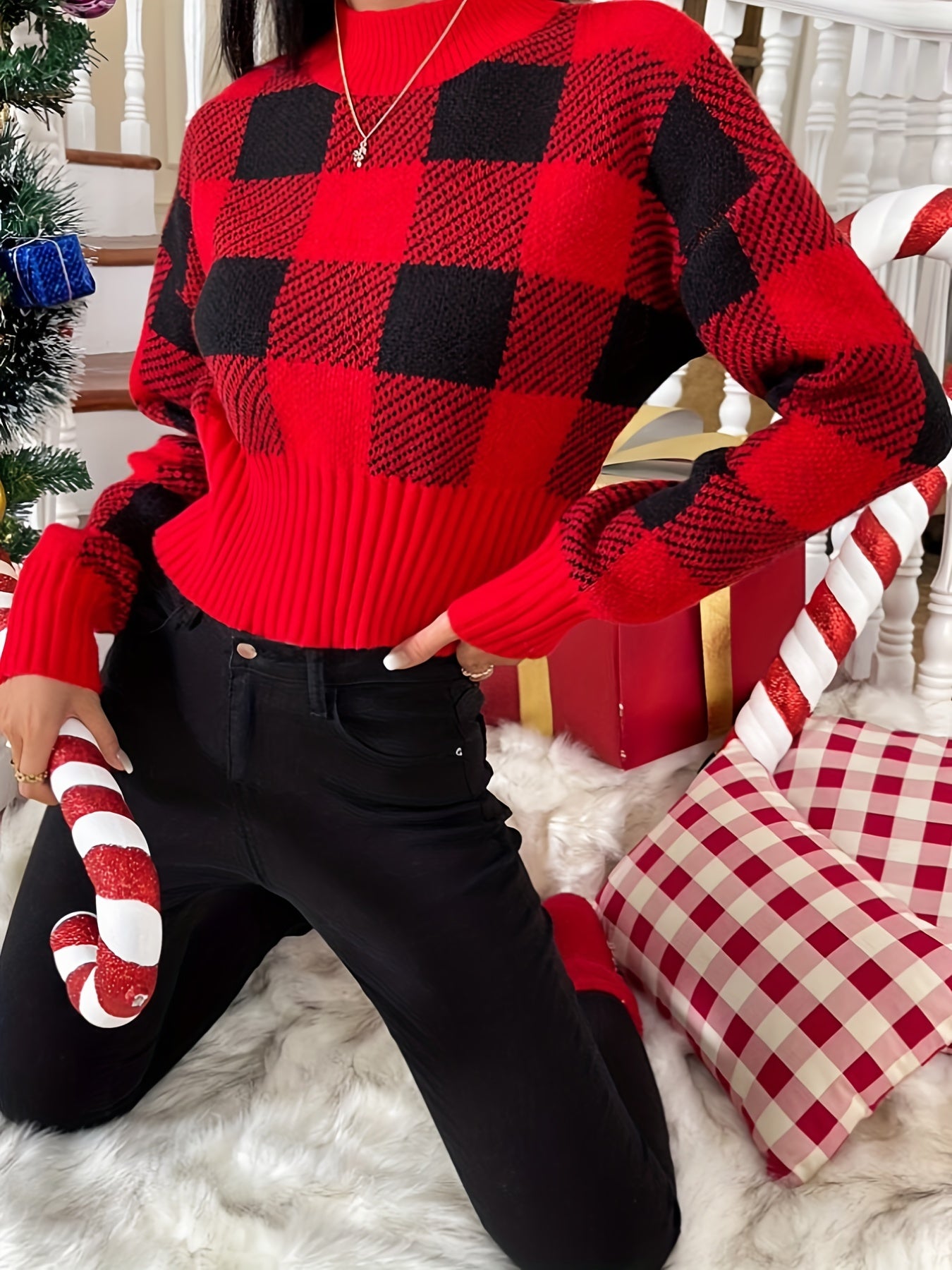Antmvs Christmas Plaid Mock Neck Pullover Sweater, Casual Cinched Waist Long Sleeve Sweater, Women's Clothing
