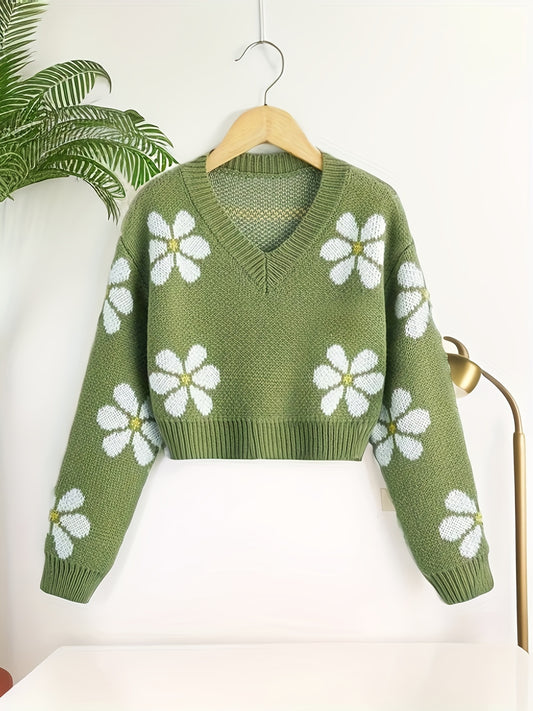 Antmvs Floral Jacquard Girls Drop Shoulder V-neck Knitted Sweater For Fall Winter