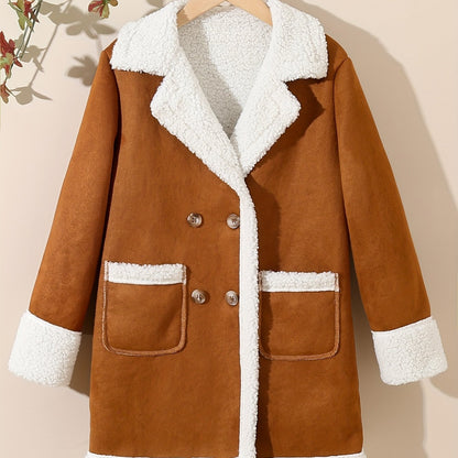 Antmvs Girls Lapel Fleece Spliced Vintage Button Pea Coat For Winter Outerwear