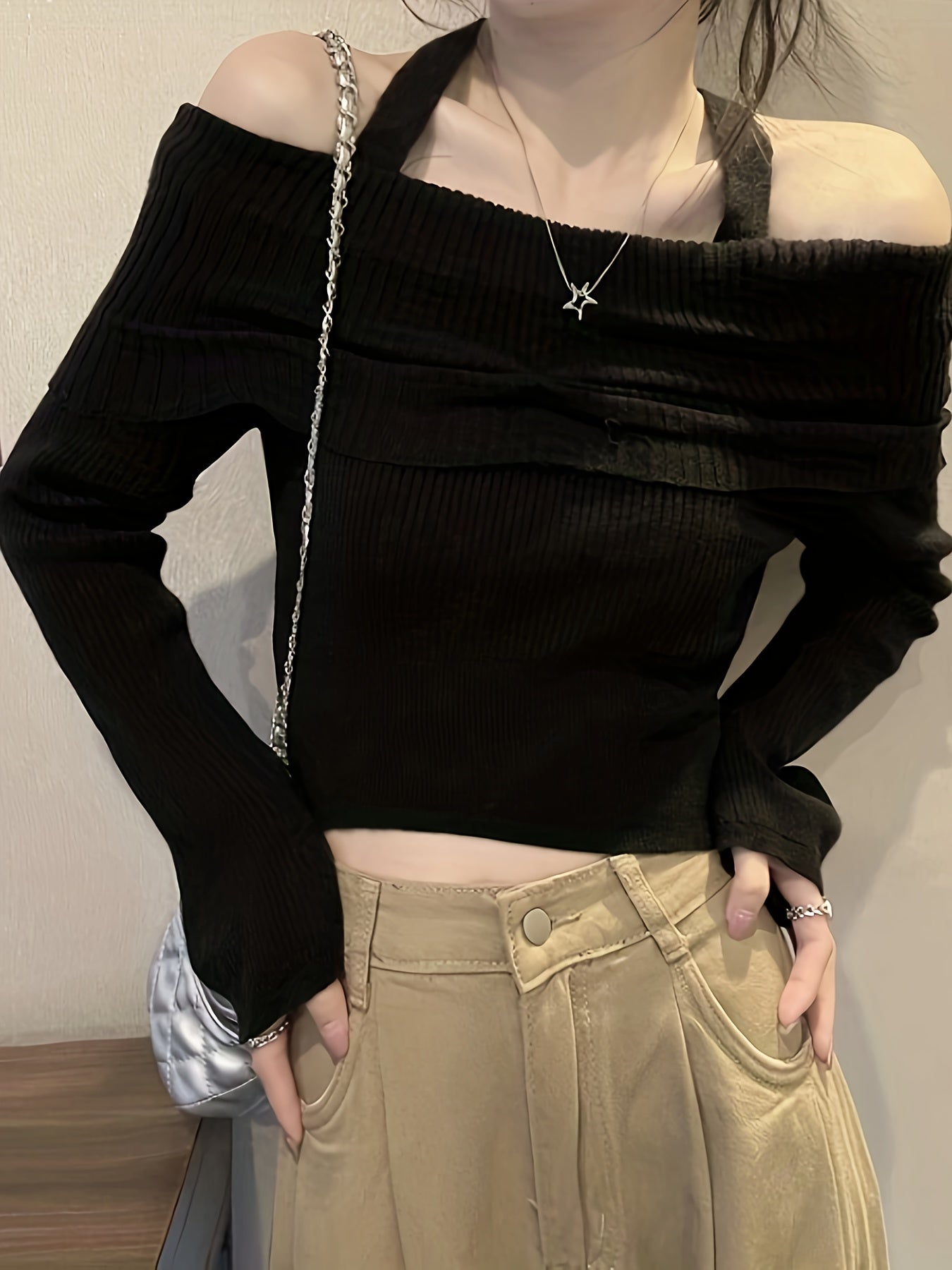 Antmvs Solid Color Halter Neck Pullover Sweater, Casual Long Sleeve Off Shoulder Sweater For Fall & Winter, Women's Clothing