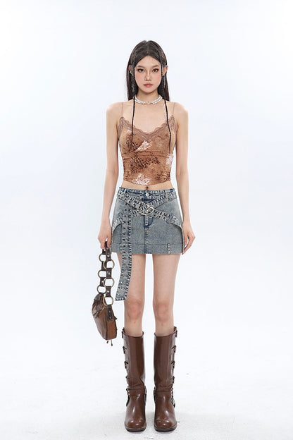 Antmvs Julia Leopard-print Lace Patchwork Spaghetti V-Neck Slim Strap Camisole Top