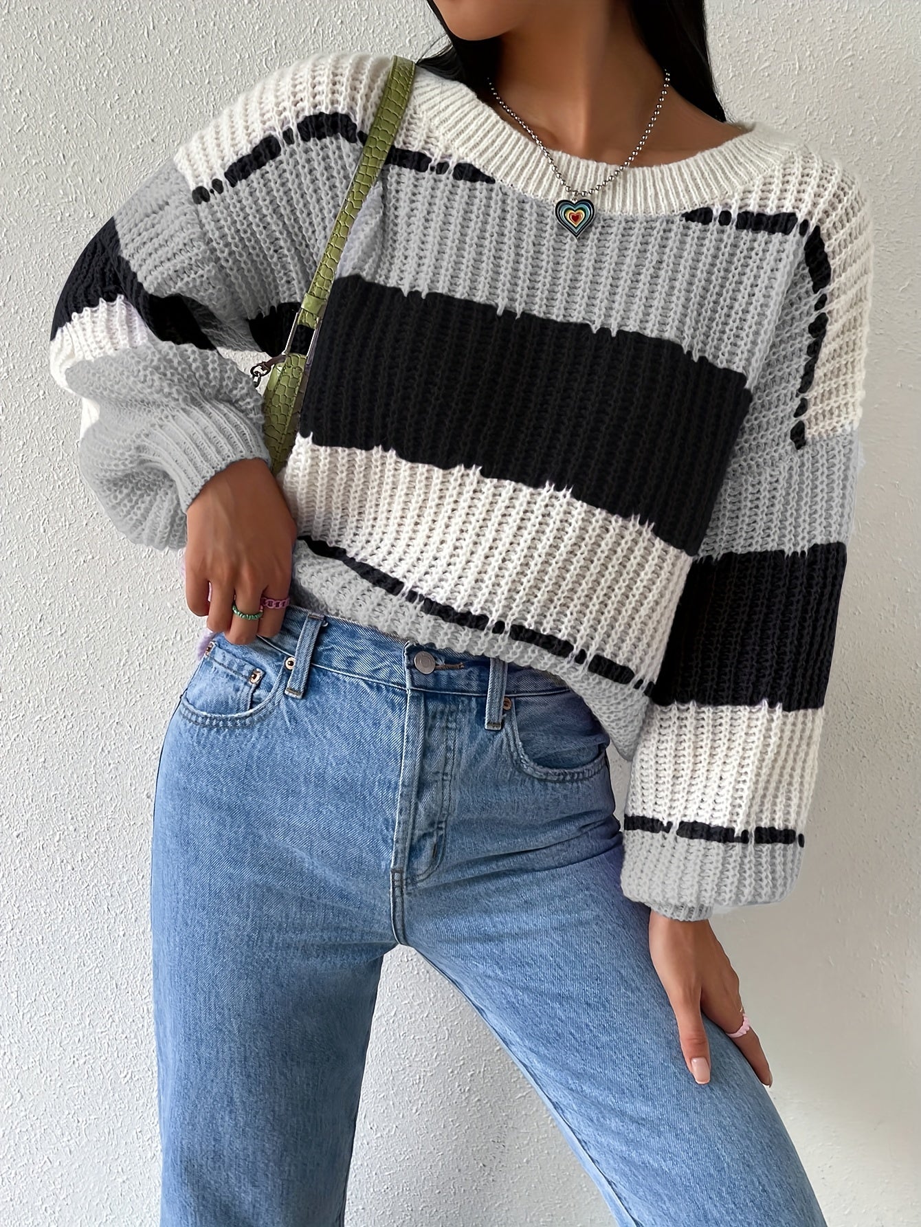 Antmvs Striped Crew Neck Pullover Sweater, Casual Long Sleeve Drop Shoulder Sweater, Women's Clothing