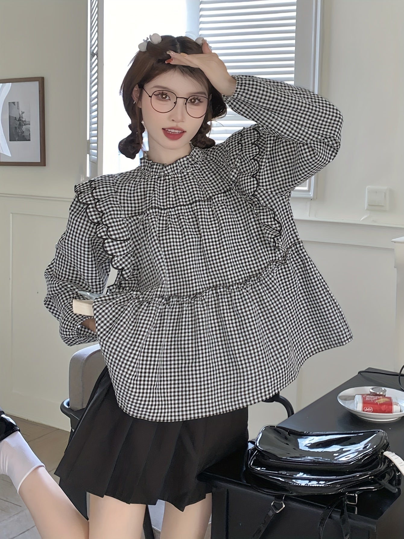 Antmvs Plaid Print Ruffle Trim Blouse, Elegant Mock Neck Long Sleeve Blouse, Women's Clothing