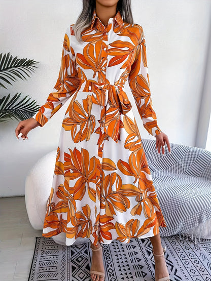 Antmvs Floral Print Button Front Dress, Elegant Long Sleeve Midi Dress, Women's Clothing