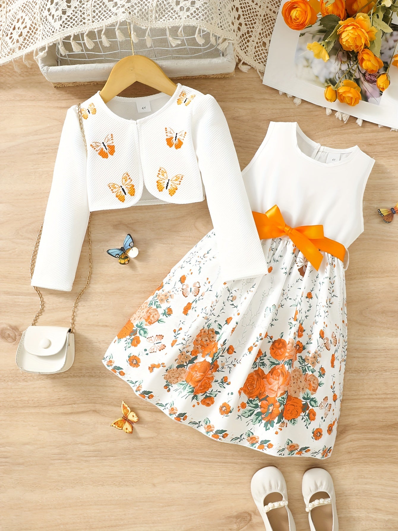 2pcs Little Girl Butterfly Dresses Outfit Floral Tank Dress And Graphic Cardigan Top Set, For Cute And Casual Look, Kids Clothing Gift