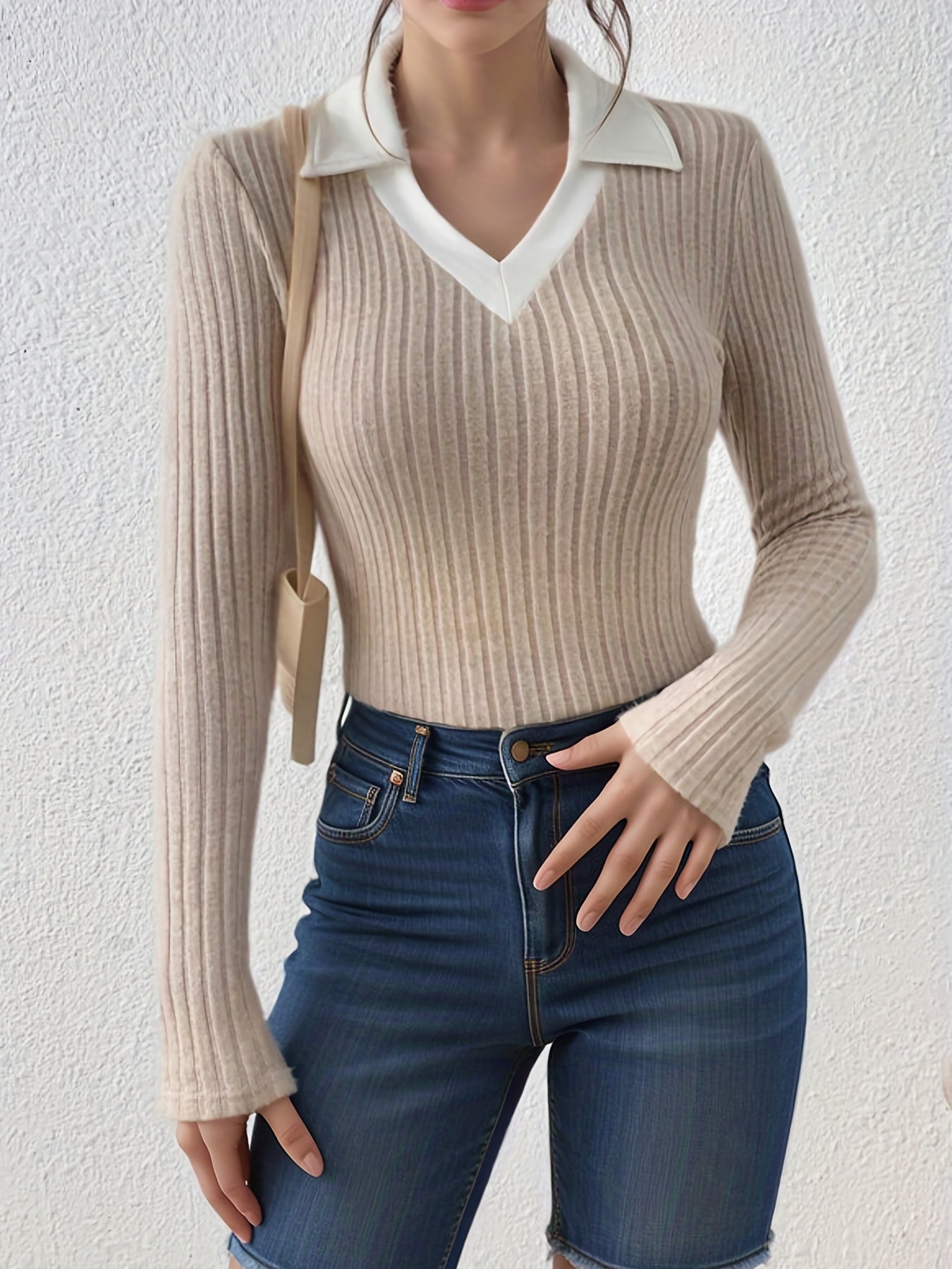 Antmvs Slim Rib Knit Sweater, Casual V Neck Long Sleeve Sweater, Women's Clothing