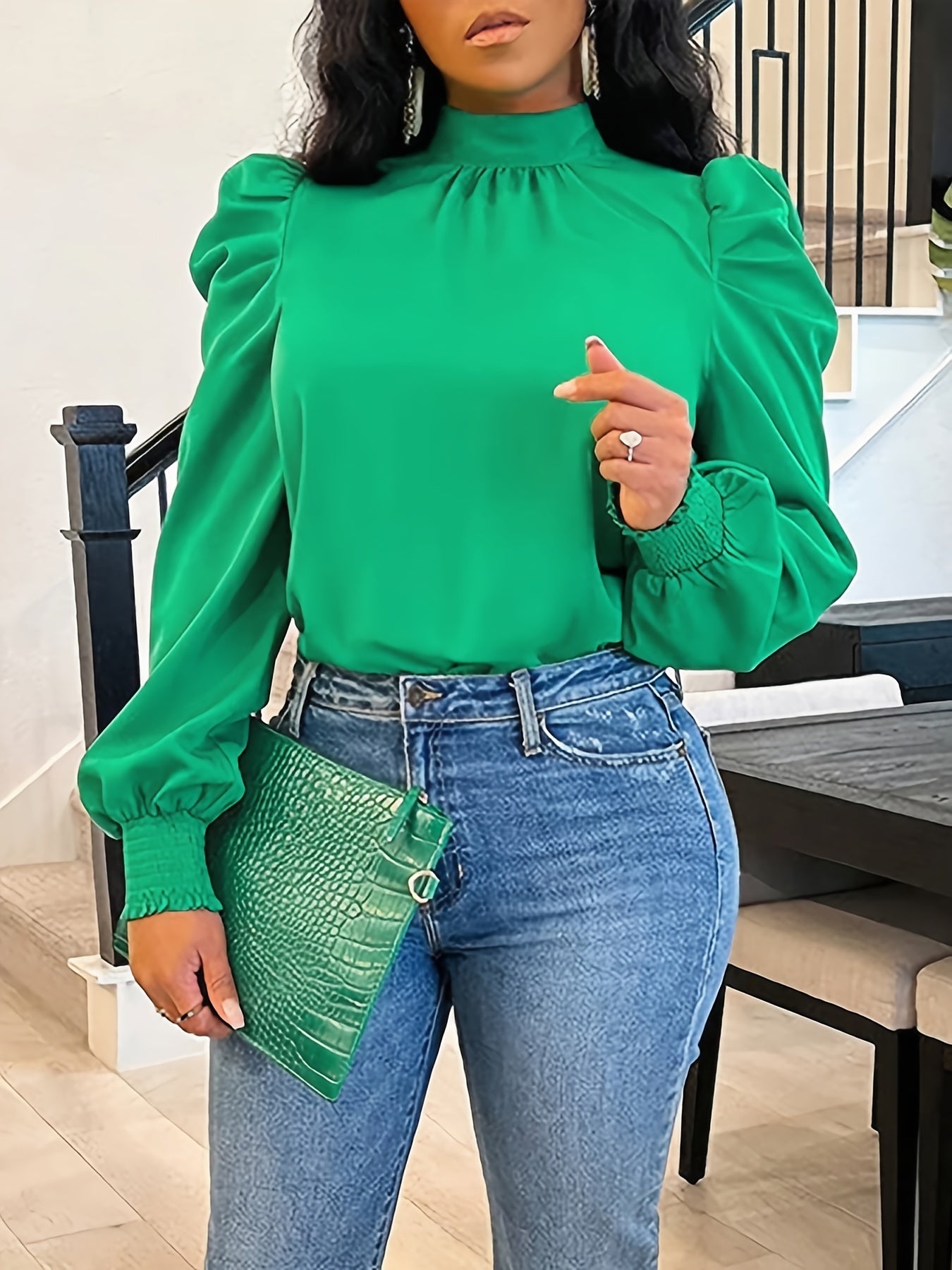 Antmvs  Solid Puff Sleeve Blouse, Stand Collar Long Sleeve Blouse, Elegant & Stylish Tops For Office & Work, Women's Clothing