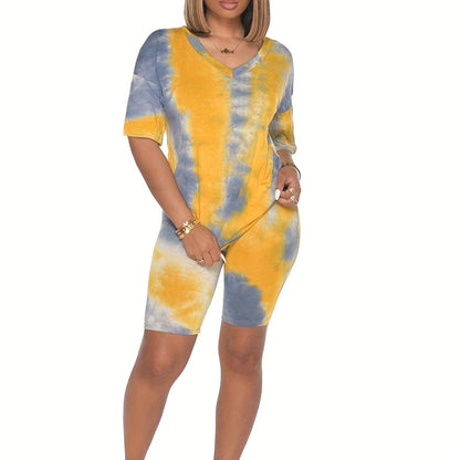 Antmvs Tie Dye Casual 2 Pieces Set, Short Sleeve V Neck T-shirt & Bodycon Workout Outfits, Women's Clothing