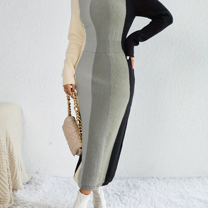 Antmvs Color Block Rib Knit Dress, Casual High Neck Long Sleeve Midi Dress, Women's Clothing