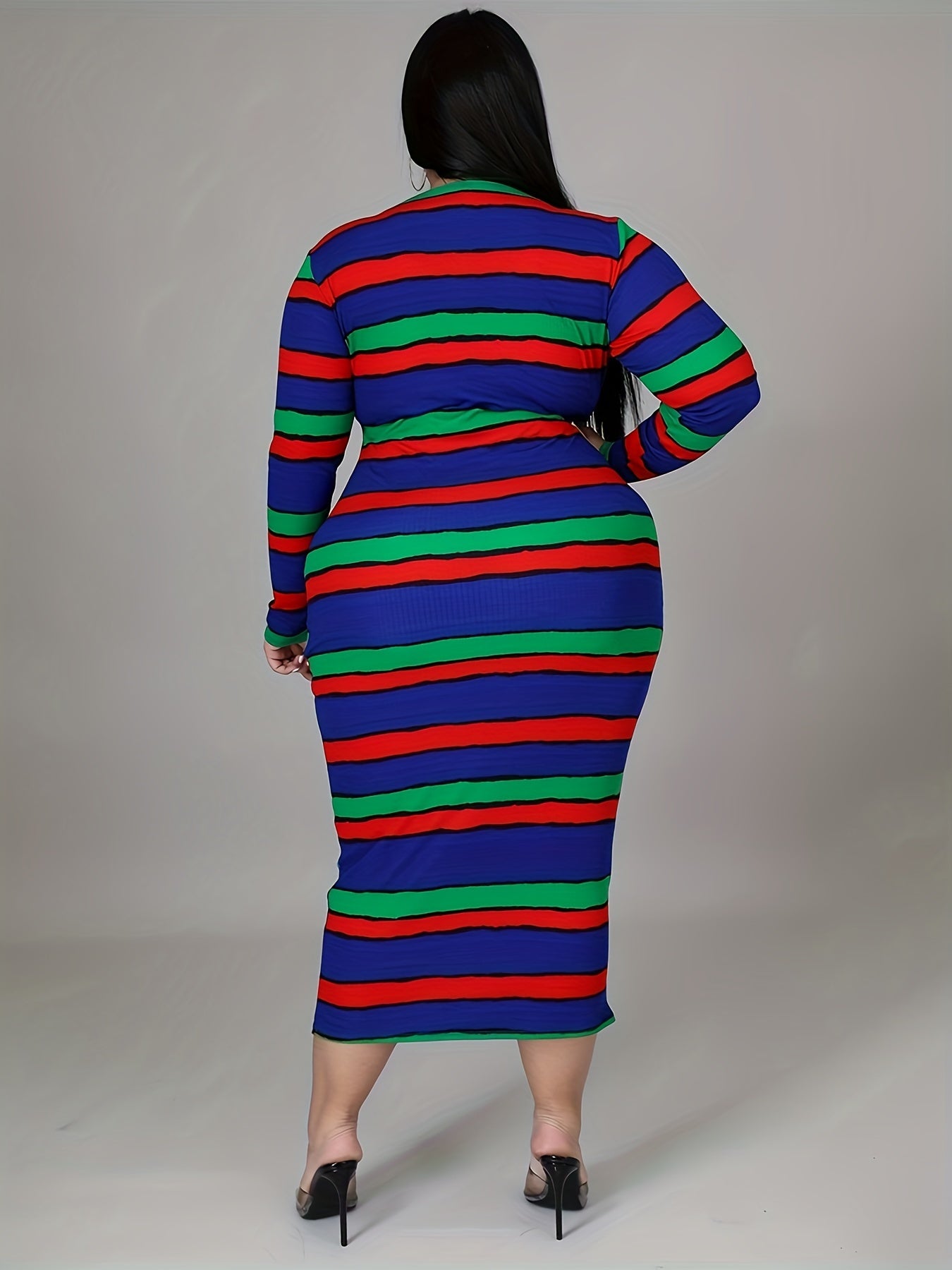 Antmvs Plus Size Casual Dress, Women's Plus Stripe Print Long Sleeve Round Neck Bodycon Midi Dress