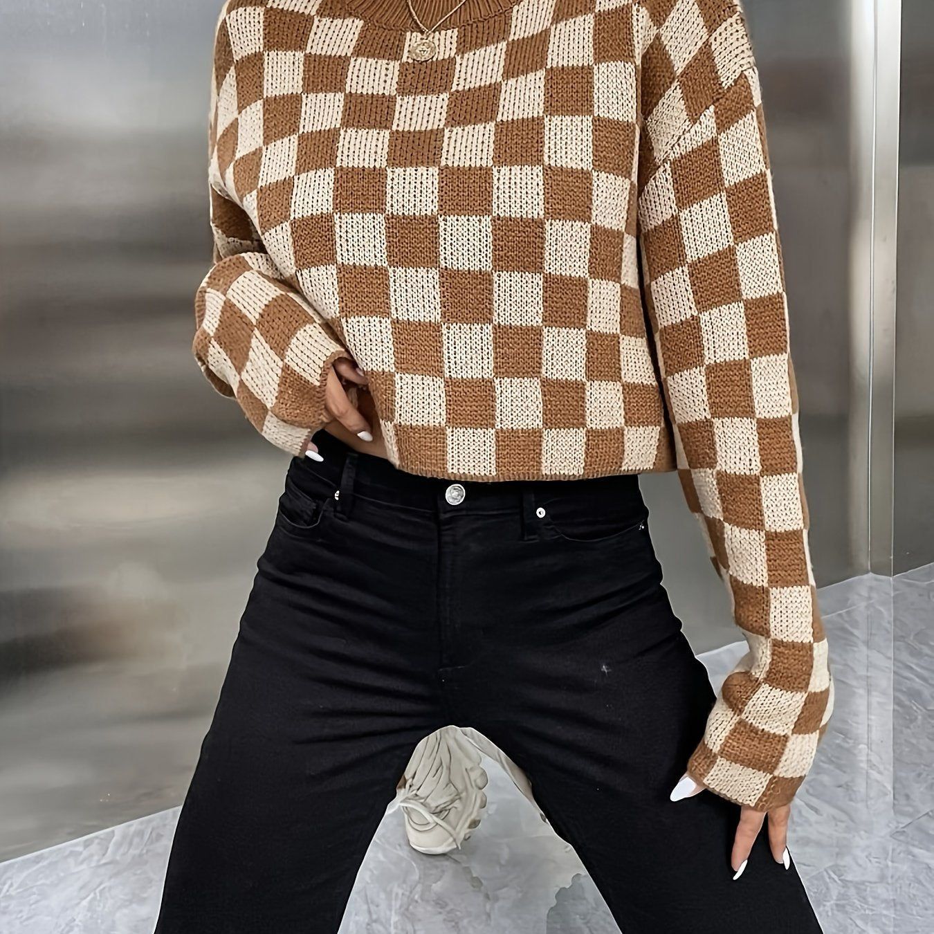 Antmvs Plaid Pattern Crew Neck Pullover Sweater, Casual Long Sleeve Sweater, Women's Clothing