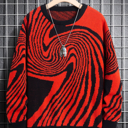 Antmvs Men's Fashion Abstract Graphic Knitted Sweater, Casual Slightly Stretch Breathable Long Sleeve Top For Outdoor Fall Winter