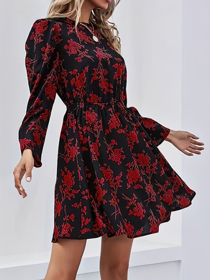 Antmvs Floral Print Keyhole Dress, Elegant Crew Neck Long Sleeve Dress, Women's Clothing