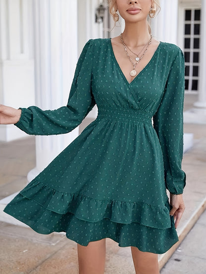 Antmvs Swiss Dot Layered Dress, Elegant V Neck Long Sleeve Shirred Waist Dress, Women's Clothing