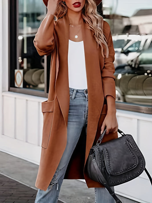 Antmvs Plus Size Casual Coat, Women's Plus Solid Long Sleeve Lapel Collar Long Coat With Pockets