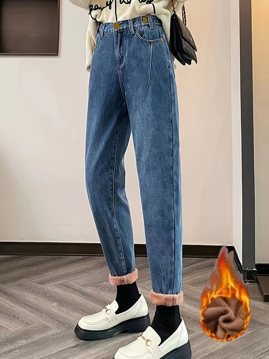 Antmvs High Waist Versatile Tapered Jeans, Fleece Liner Keep Warm Casual Mom Jeans, Women's Denim Jeans & Clothing