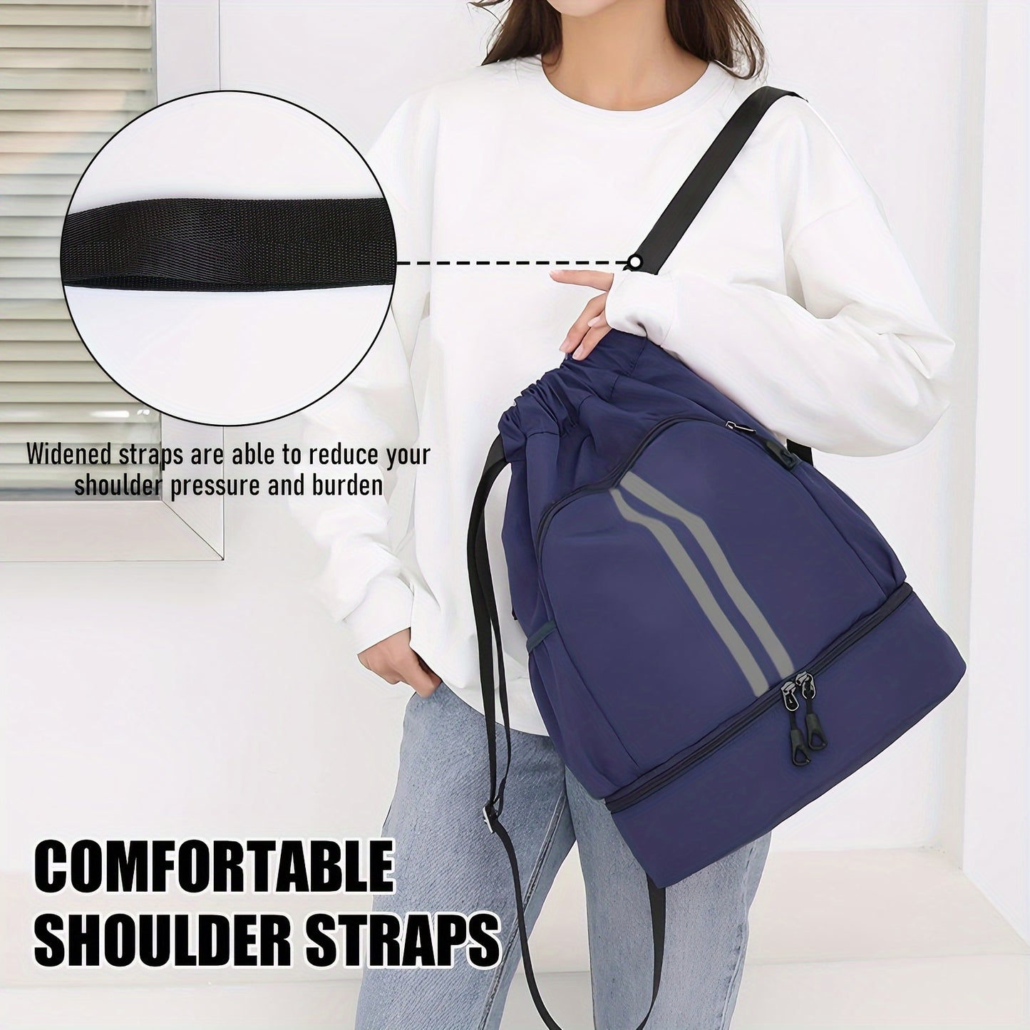 1pc Water-Resistant Drawstring Backpack - Durable Sports Gym Bag with Spacious Shoe Compartment, Two Breathable Mesh Pockets, and Reflective Strip for Increased Visibility - Unisex Navy Blue Bag for Men and Women