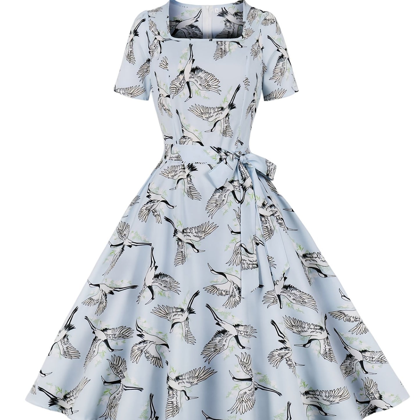 Antmvs Crane Print Tie Front Dress, Elegant Vintage Square Neck Short Sleeve Dress, Women's Clothing