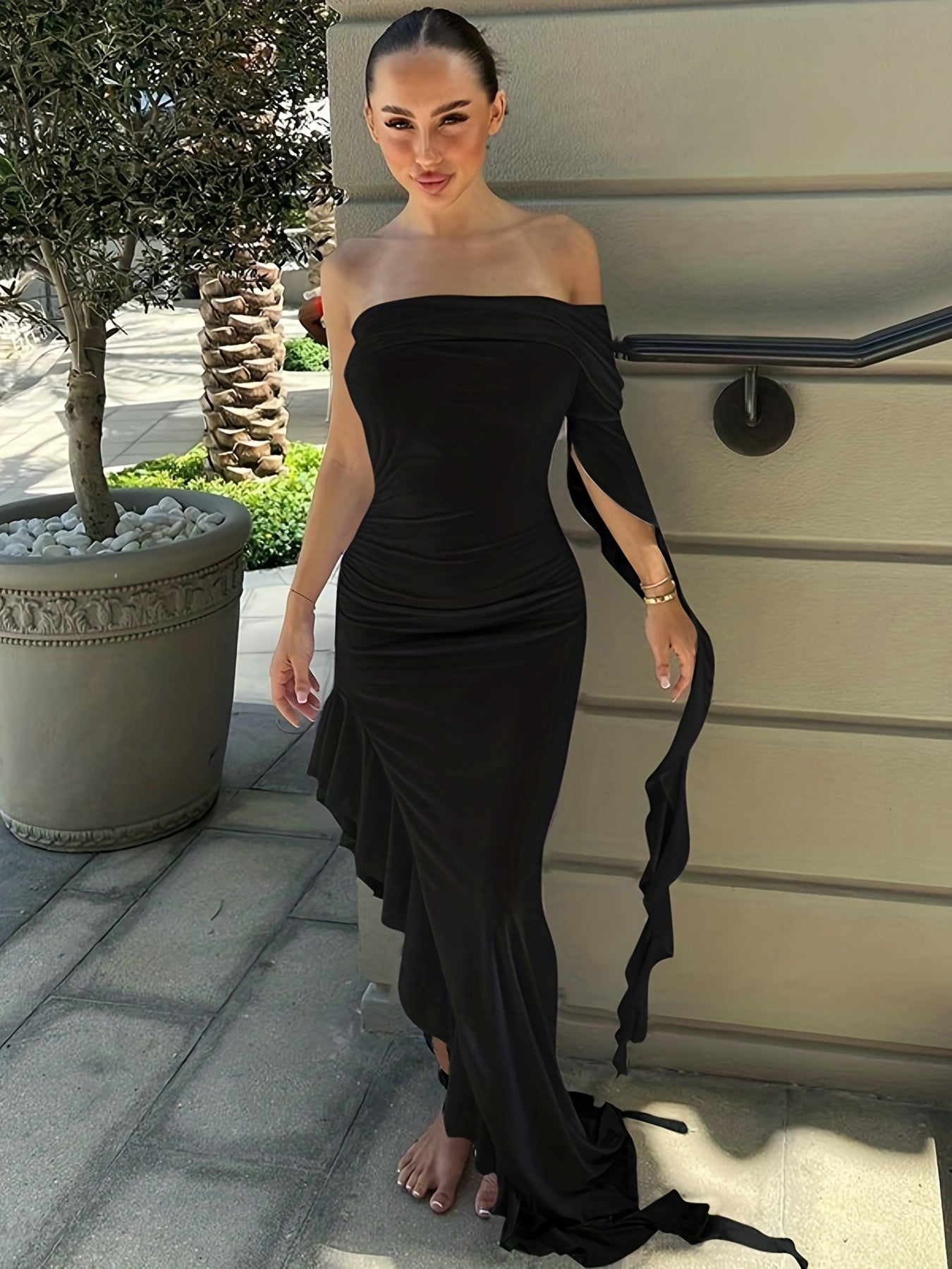 Antmvs Off Shoulder Asymmetrical Hem Dress, Elegant Dress For Party & Banquet, Women's Clothing