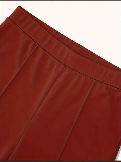 Antmvs Solid High Waist Elastic Long Length Pants, Slim Stylish Elegant Flare Leg Pants, Women's Clothing