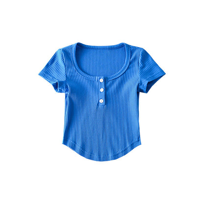 Antmvs Kelly Solid Color Round Neck Slim Short Sleeve Button Up Cropped Top