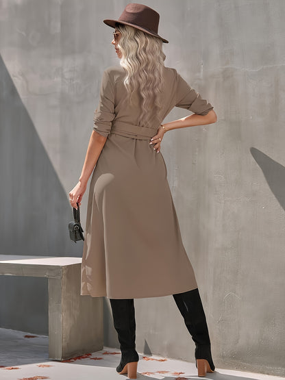Antmvs Solid Button Front Dress, Elegant Long Sleeve Belted Lapel Dress, Women's Clothing
