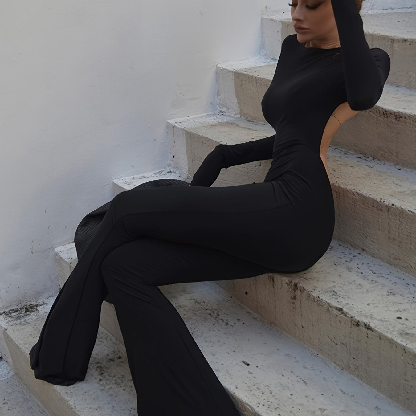 Antmvs Backless Flared Leg Jumpsuit, Sexy Solid Long Sleeve Crew Neck Jumpsuit, Women's Clothing