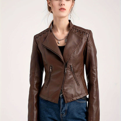 Antmvs Zipper Faux Leather Jacket, Casual Solid Long Sleeve Outerwear, Women's Clothing