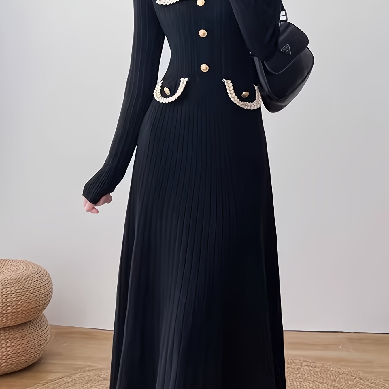 Antmvs Button Front High Waist Dress, Elegant Long Sleeve Midi Dress, Women's Clothing