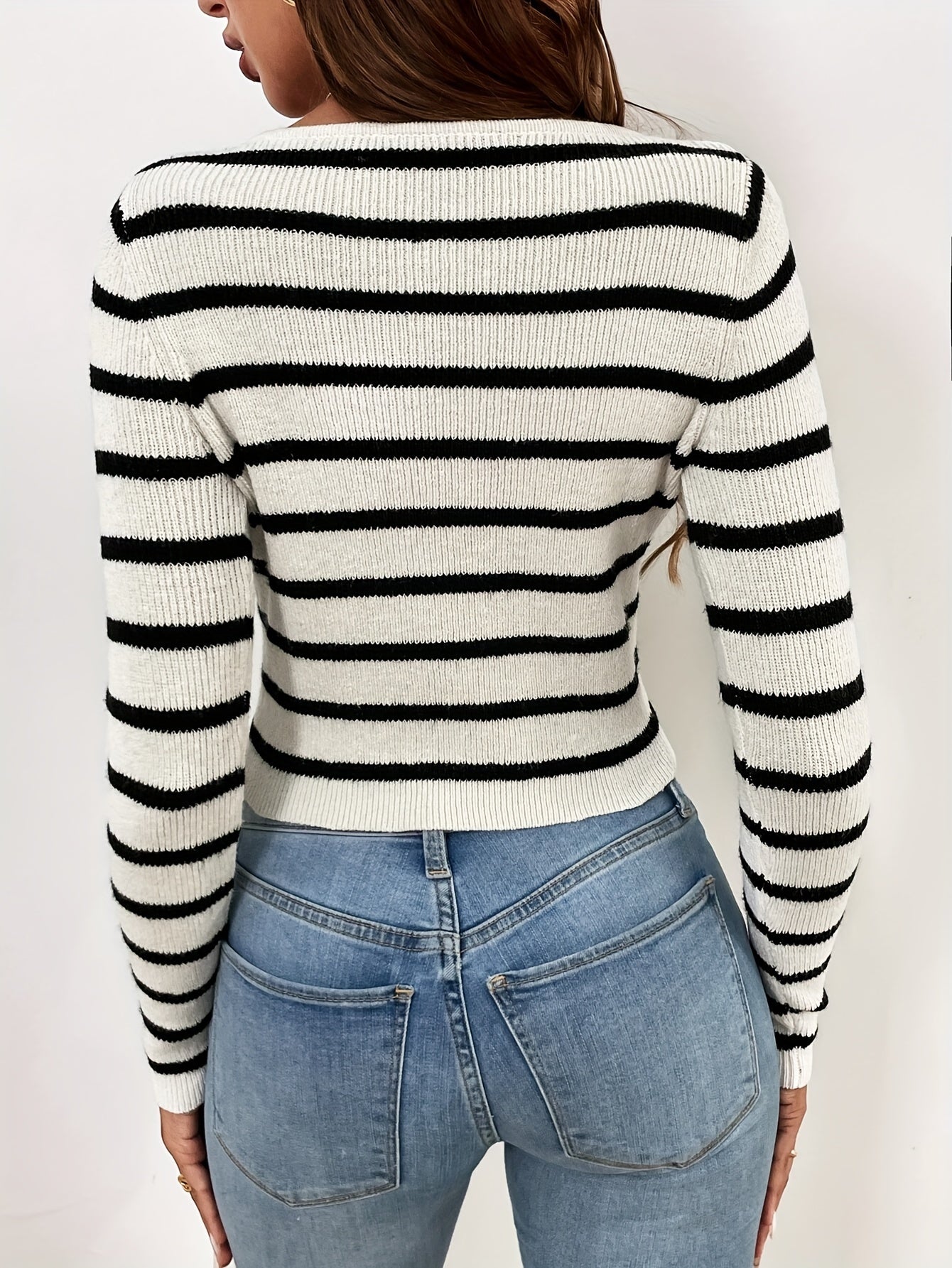 Antmvs Striped Notched Neck Knitted Top, Casual Long Sleeve Slim Sweater, Women's Clothing