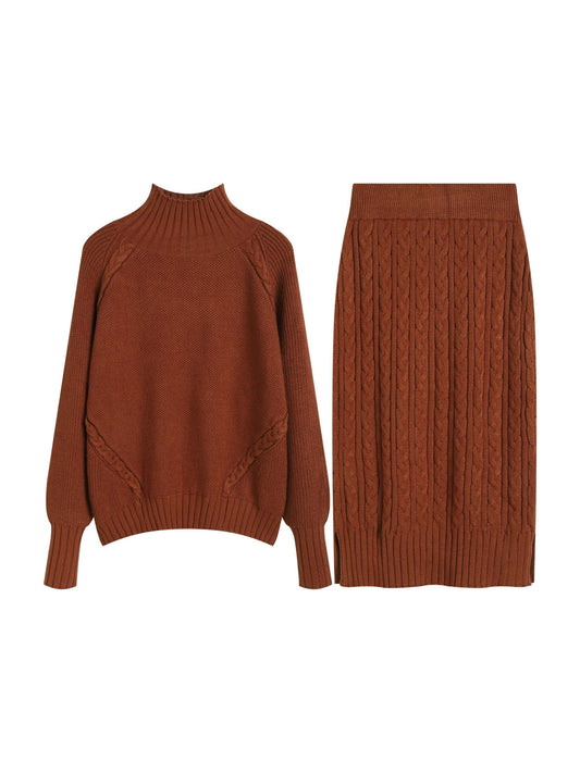 Antmvs Solid Knitted Sweater Two-piece Set, High Collar Long Sleeve Warm Tops & Elastic Midi Skirts Set, Women's Clothing