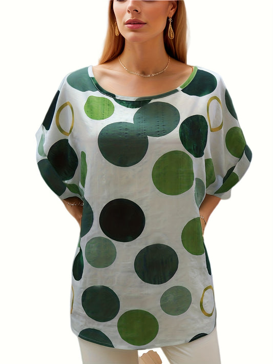 Antmvs  Polka Dot Crew Neck Blouse, Casual Short Sleeve Summer Comfy Blouse, Women's Clothing