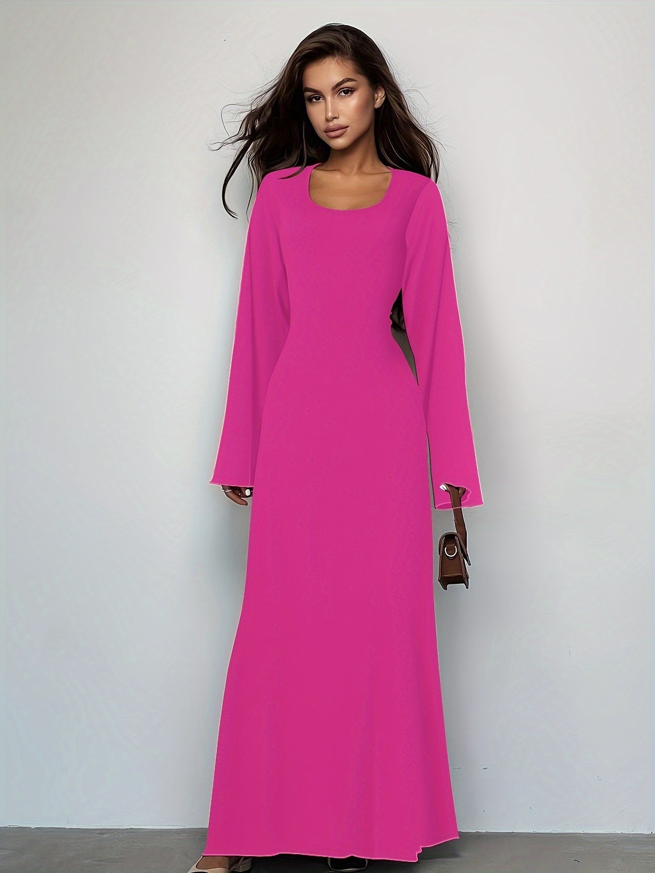 Antmvs Solid Tie Back U Neck Dress, Elegant Long Sleeve Maxi Dress, Women's Clothing