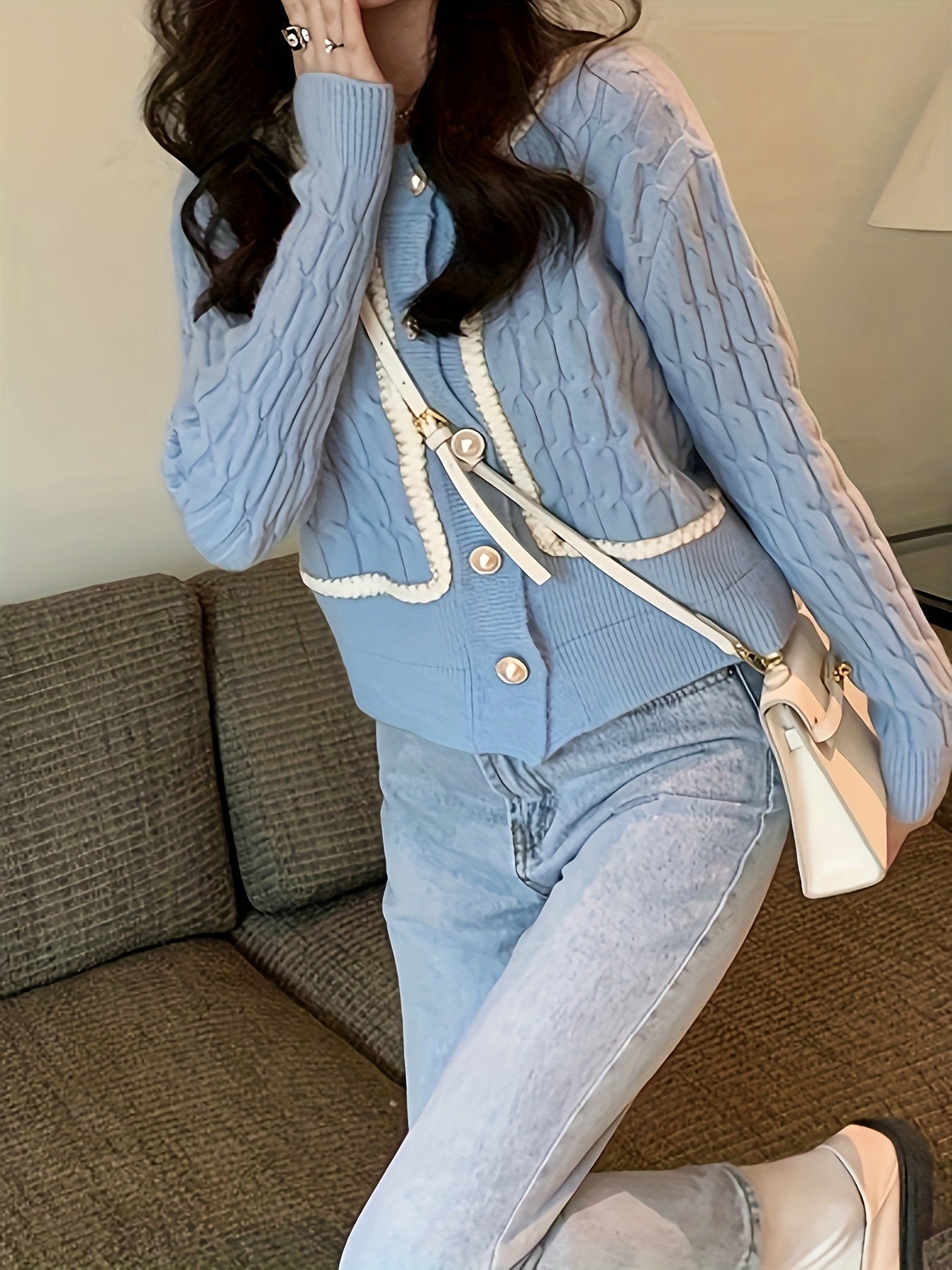 Antmvs Cable Knit Button Up Cardigan, Casual Long Sleeve Crew Neck Sweet Sweater, Women's Clothing