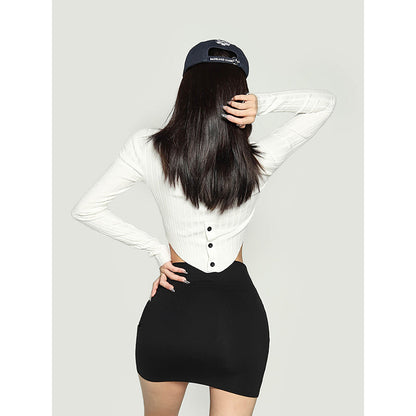 Antmvs Waliya Solid Color White Long-sleeved Slim Knit Button Up Ribbed Cropped Top