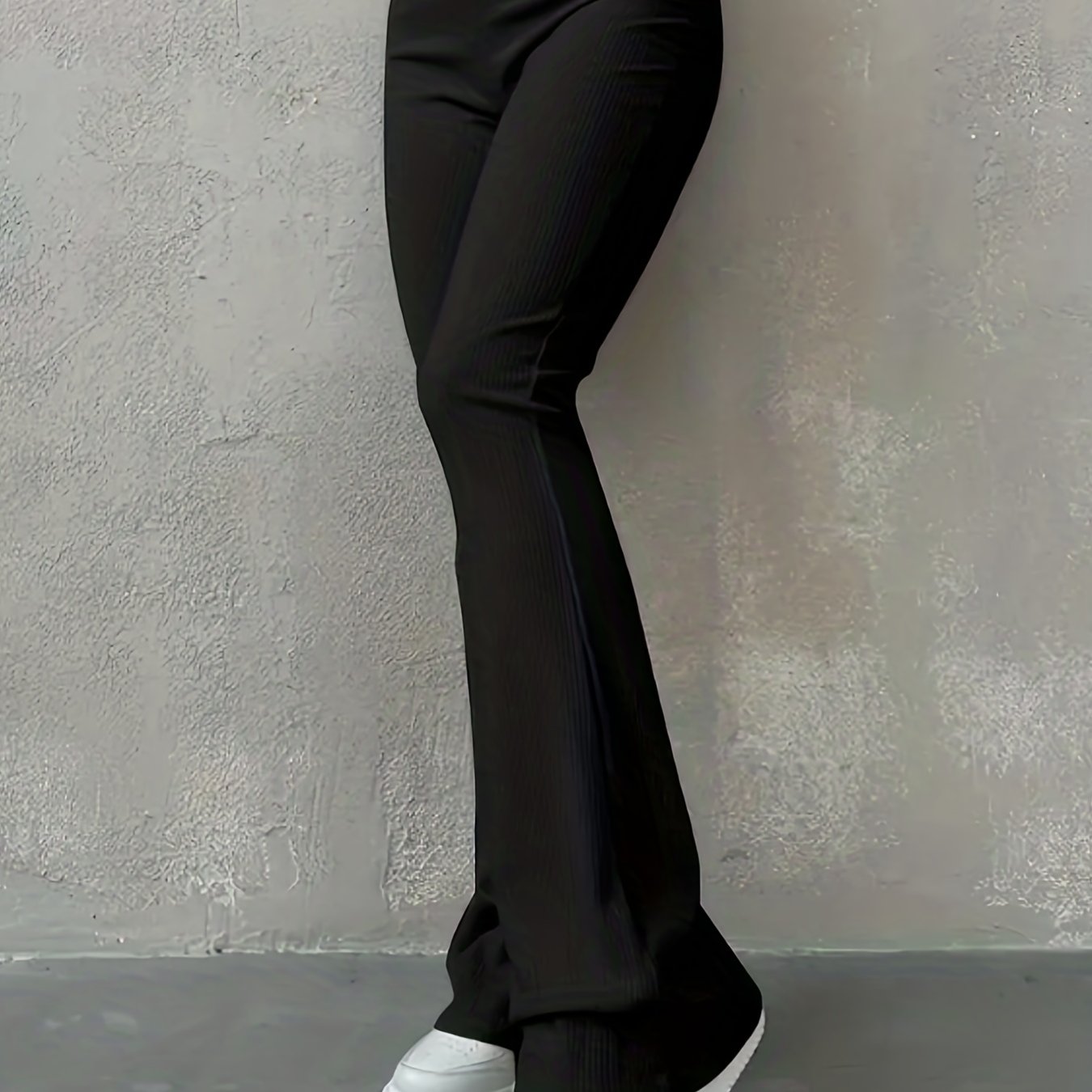 Antmvs Solid Ribbed Flare Leg Pants, High Waist Slim Elastic Pants, Women's Clothing