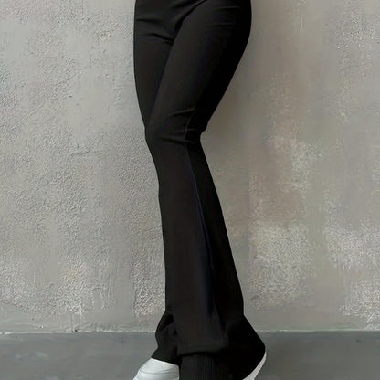 Antmvs Solid Ribbed Flare Leg Pants, High Waist Slim Elastic Pants, Women's Clothing